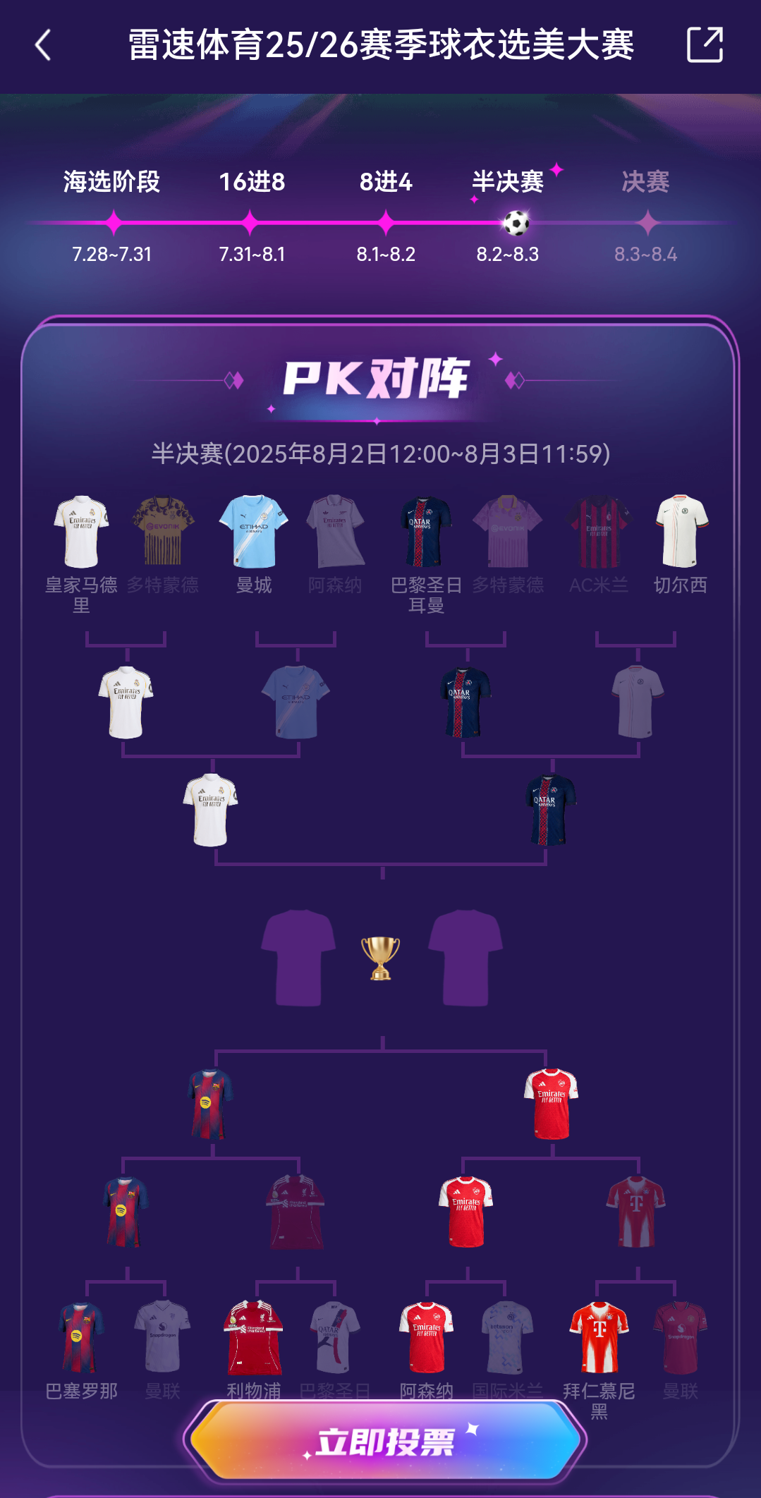雷速体育球衣选美大赛四强对阵出炉:快来参与投票抽奖,赢正品球衣等好礼
